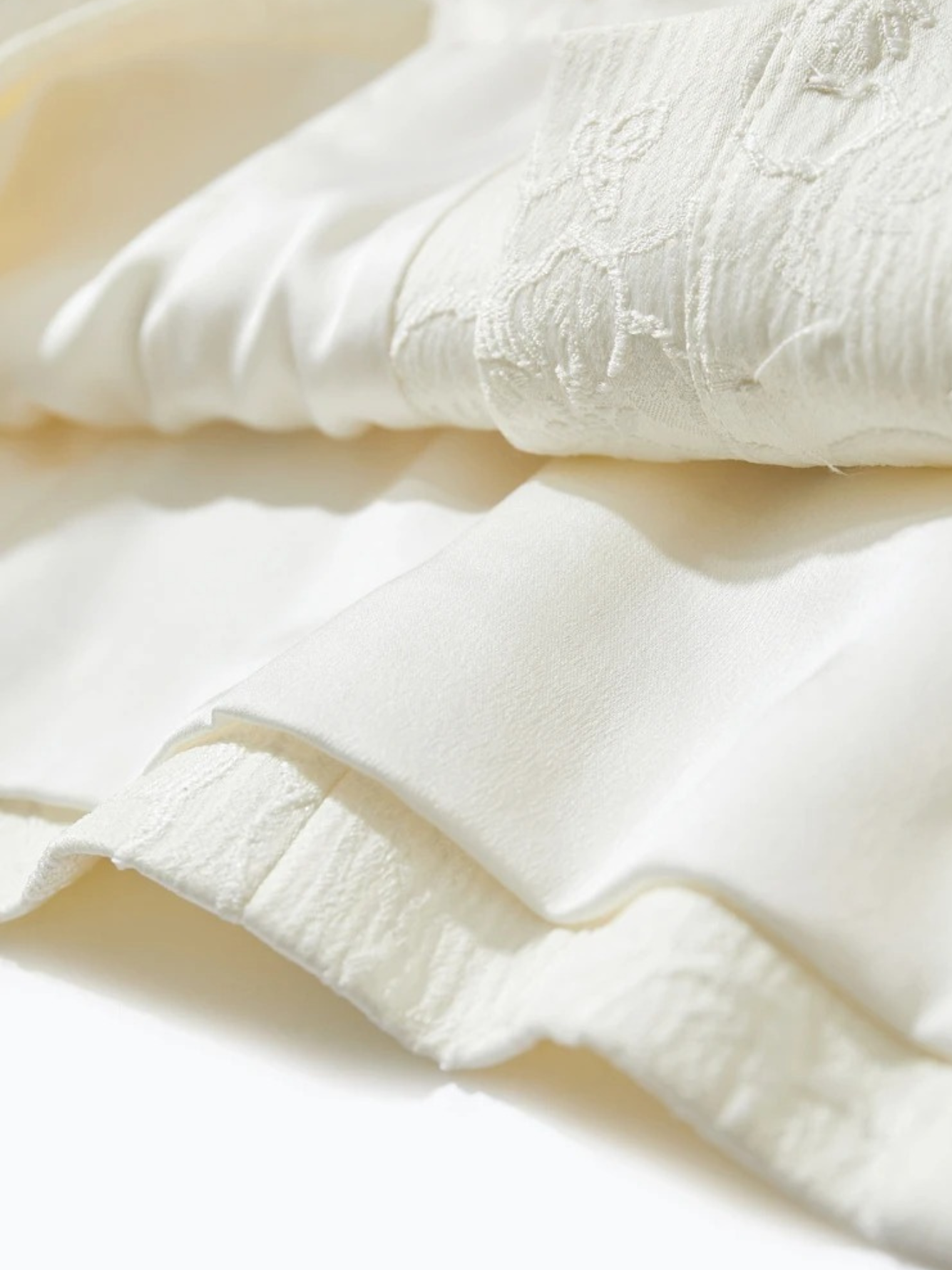 Fabric detail of cream blouse showing buttoned cuffs and texture
