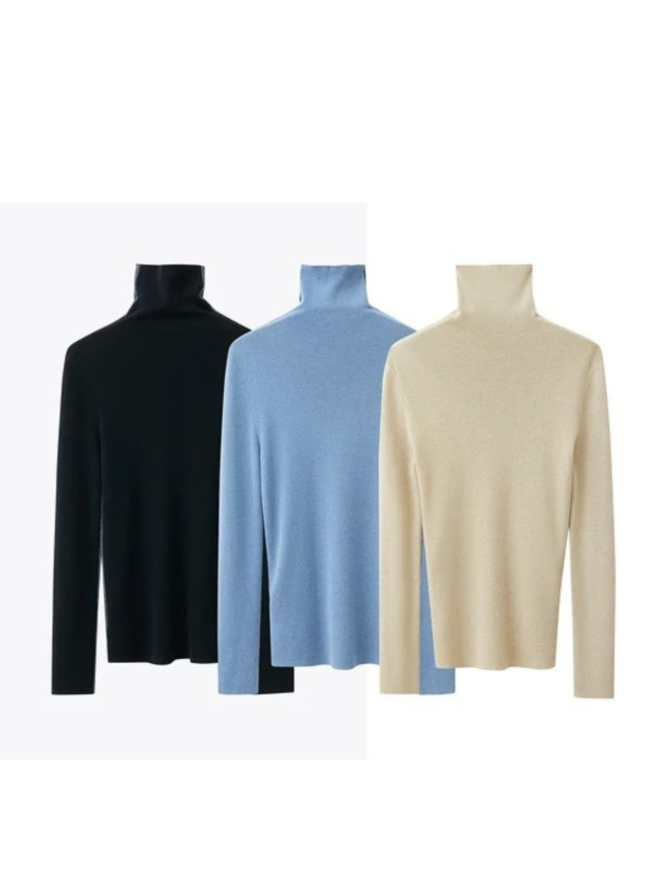 Three solid colored sweaters with a turtleneck neckline and slim sleeves.