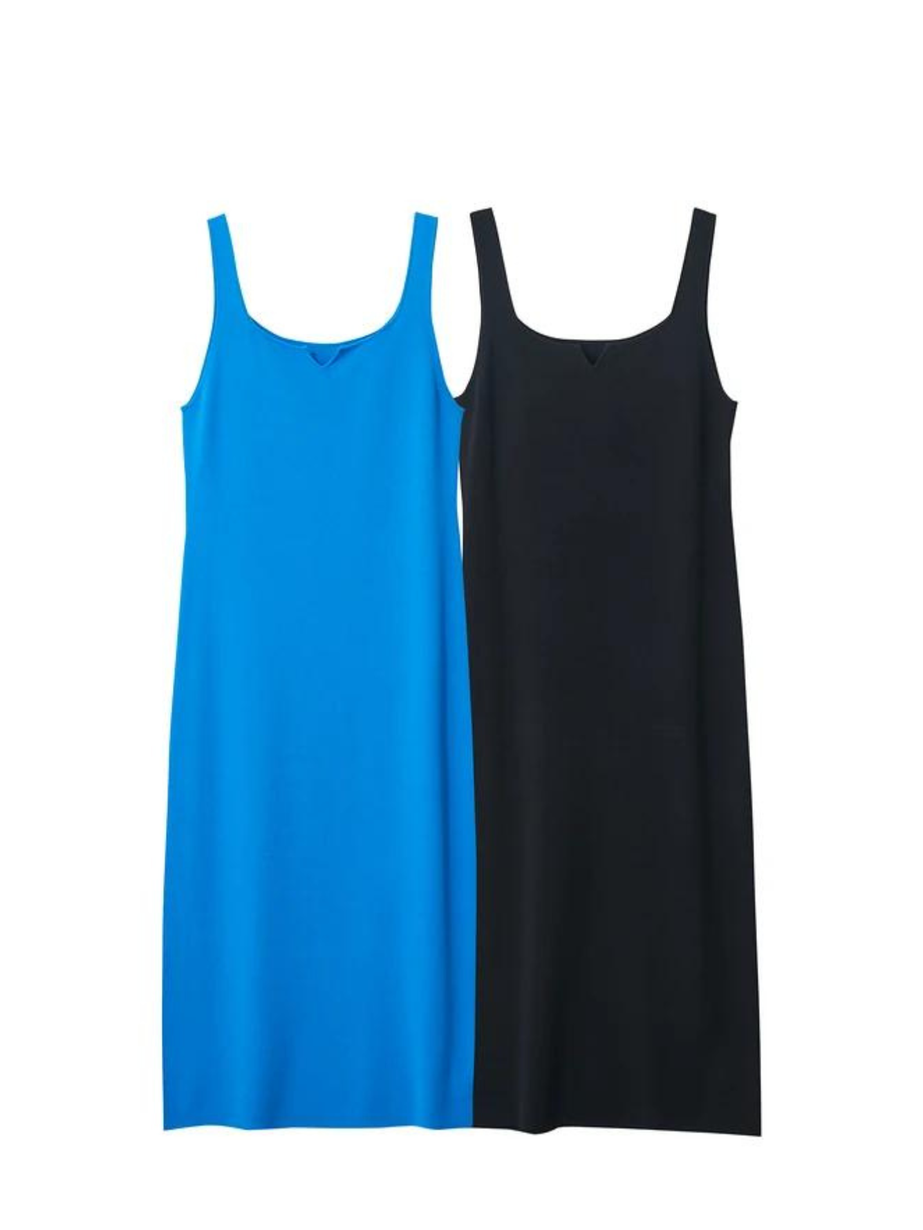 Two minimalist, knee length, sleeveless dresses with thin straps and a mini cut out in the neckline in blue and black.