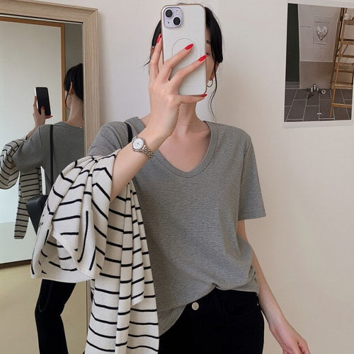 Dame Basis Korte ermer T-skjorte Løs Slim Fit