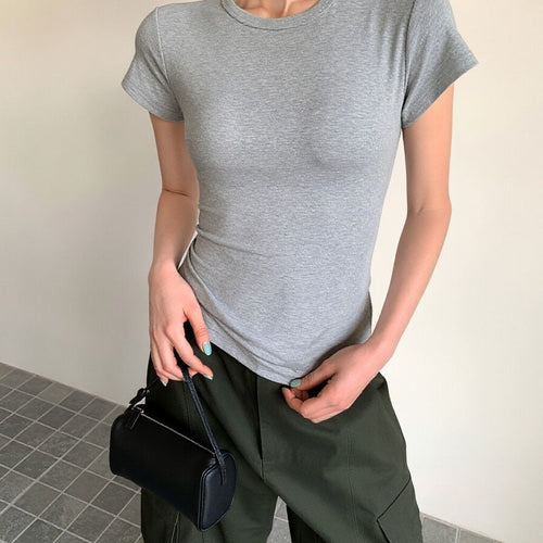 Dame Korte Ermer Rund Hals T-Skjorte Slim Fit Grå