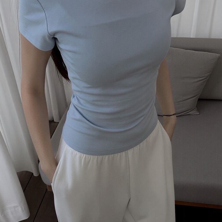 Damer Kortermet Rundhals T-skjorte Enfarget Slim Fit Blå