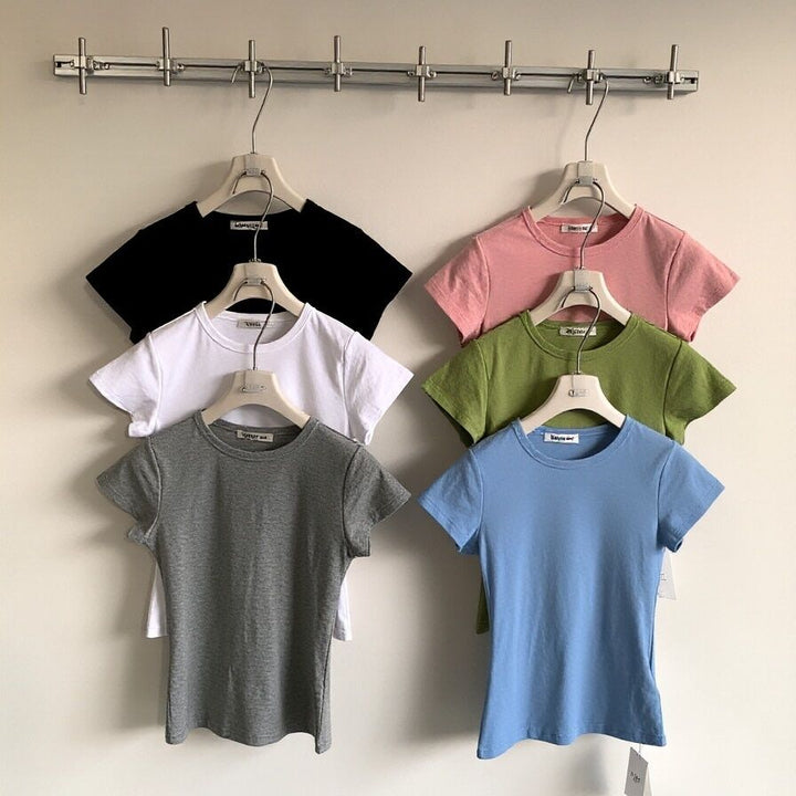Dame Korte Ermer Rund Hals T-Skjorte Slim Fit Grå