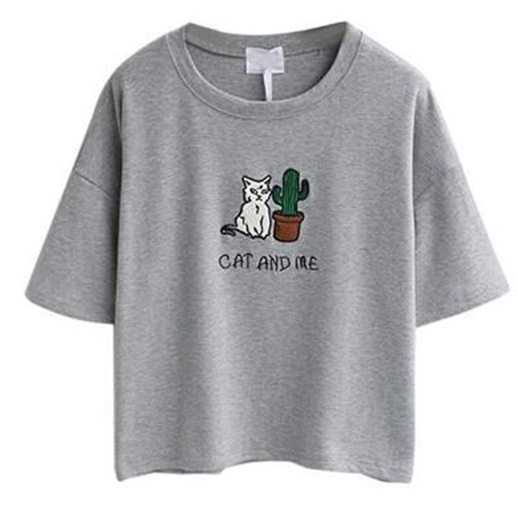 Dame casual T-skjorte med søtt katt- og plante-design Skjora