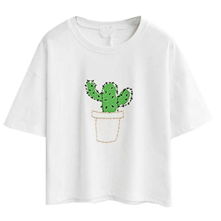 Dame casual T-skjorte med søtt katt- og plante-design Skjora