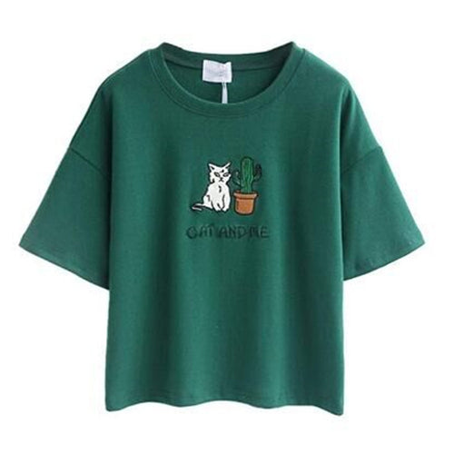 Dame casual T-skjorte med søtt katt- og plante-design Skjora