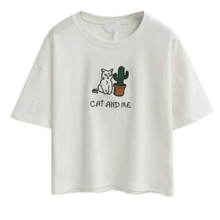 Dame casual T-skjorte med søtt katt- og plante-design Skjora