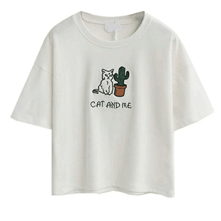Dame casual T-skjorte med søtt katt- og plante-design Skjora