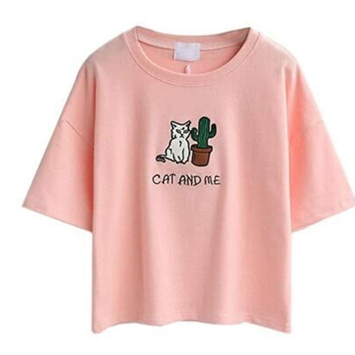 Dame casual T-skjorte med søtt katt- og plante-design Skjora