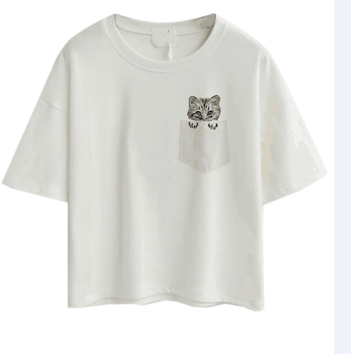 Dame casual T-skjorte med søtt katt- og plante-design Skjora