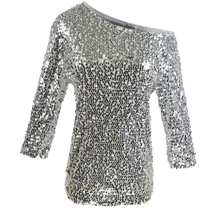 Kvinnenes glittertop med avdekket skuldre-design og paljettrim