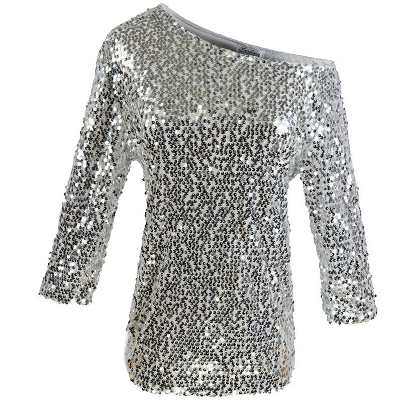 Kvinnenes glittertop med avdekket skuldre-design og paljettrim