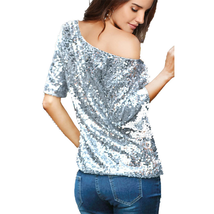 Kvinnenes glittertop med avdekket skuldre-design og paljettrim