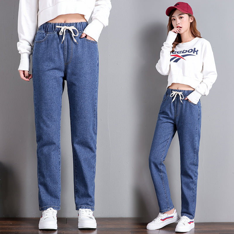 Dames Komfortable Jeans med Elastisk Liv med Sidelommer