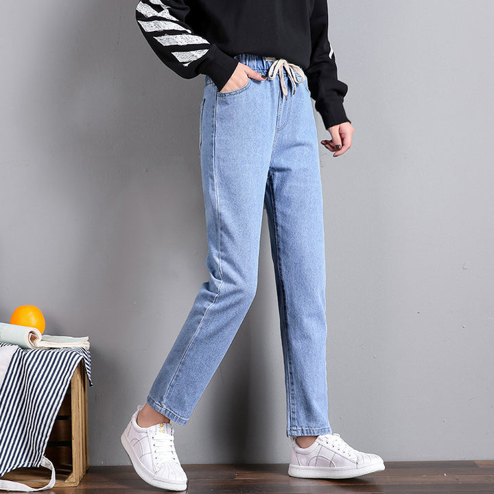 Dames Komfortable Jeans med Elastisk Liv med Sidelommer