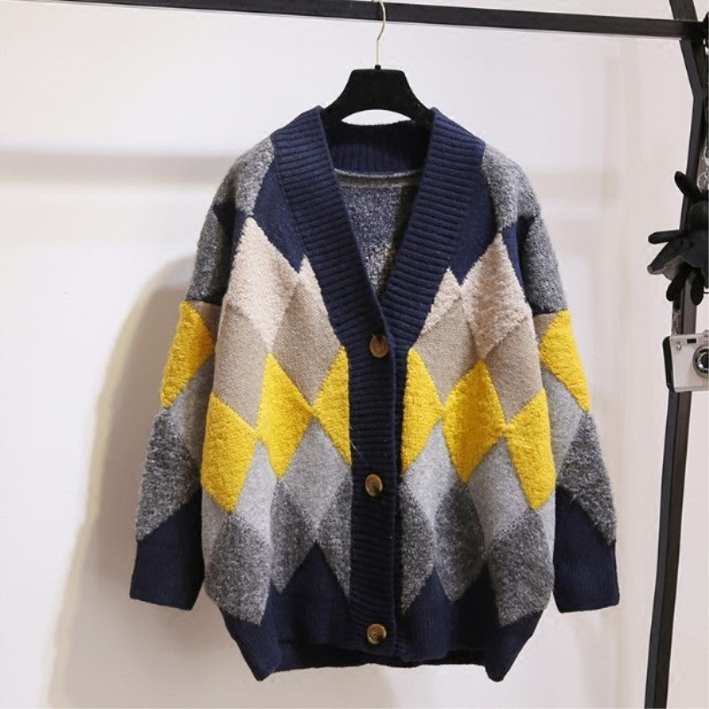Kvinne mønstret cardigan med knapper og V-hals Skjora