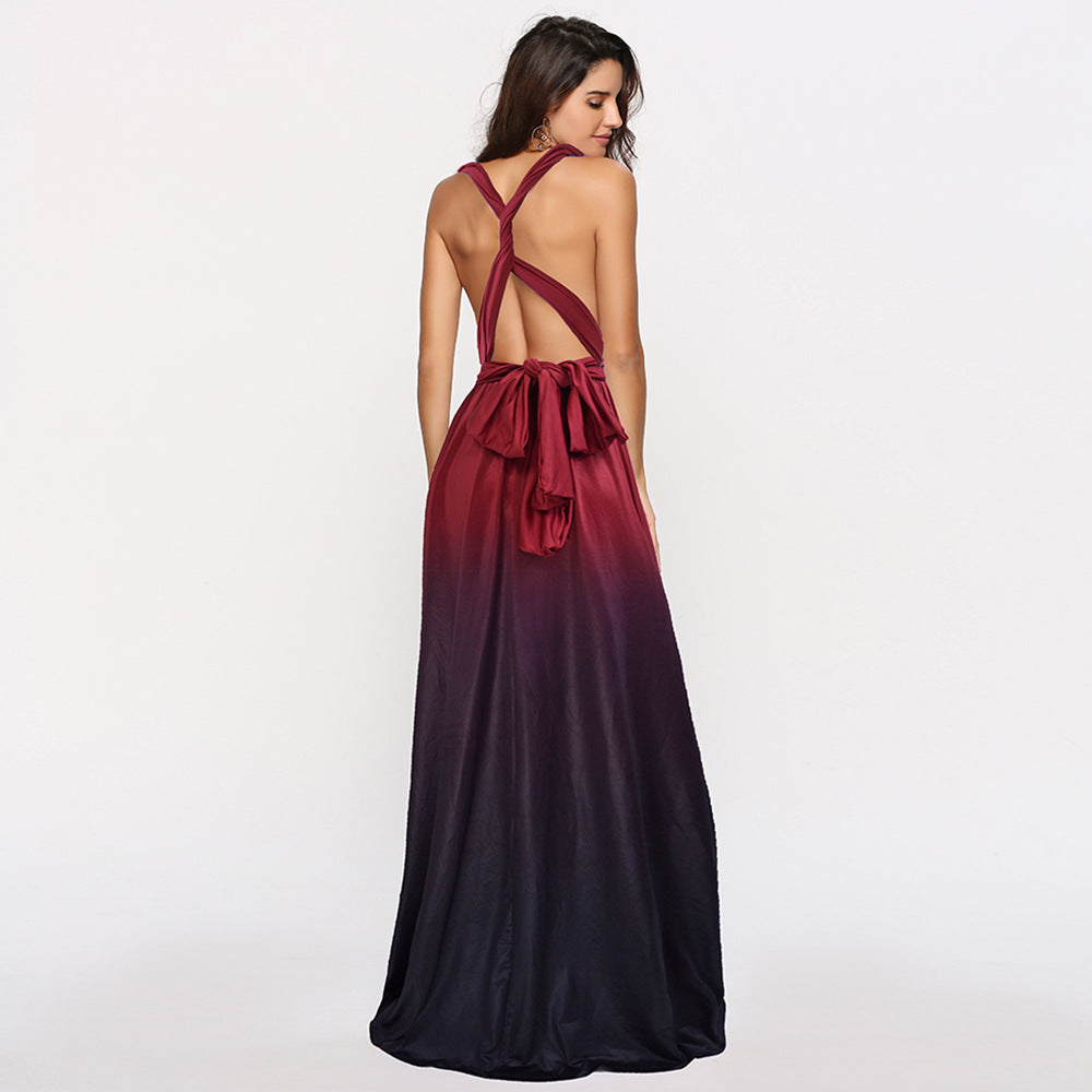 Dame maxi kjole med flytende fossefall hals og ombre design