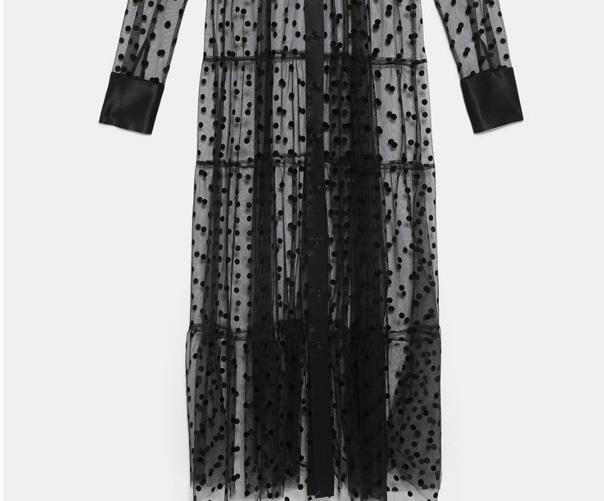 Dame Lenger gjennomsiktig duster med prikket design og elegante ermer Skjora