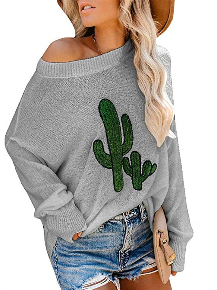 Dame oversized genser med avslappet kaktusdesign og rund hals Skjora
