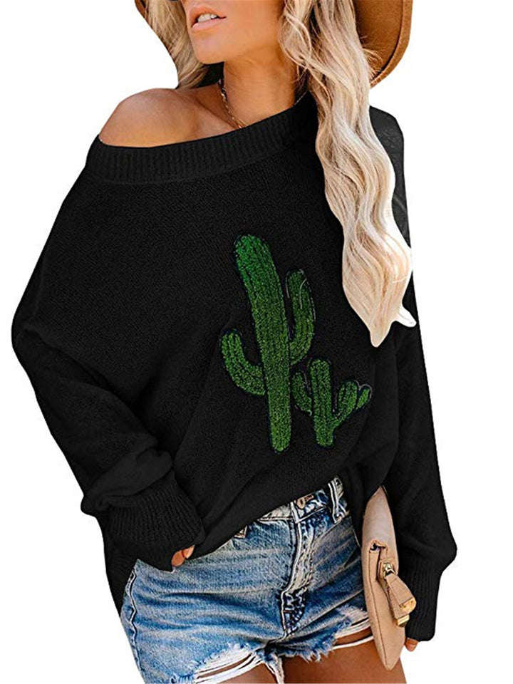 Dame oversized genser med avslappet kaktusdesign og rund hals Skjora