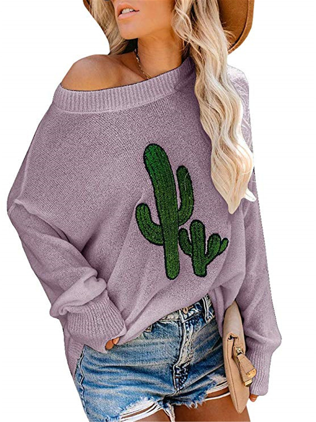Dame oversized genser med avslappet kaktusdesign og rund hals Skjora