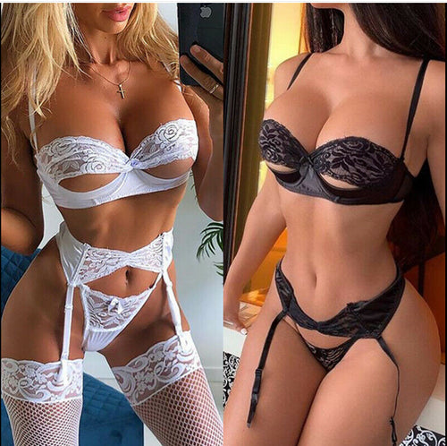 Damer Forførende Blonde-Bustier-Sett med delikate Stropper og sexy Truser Skjora