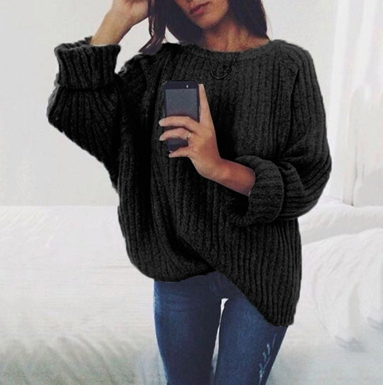 Dames Oversized Strikket Genser med Ribbstruktur og Bred Ermer Skjora
