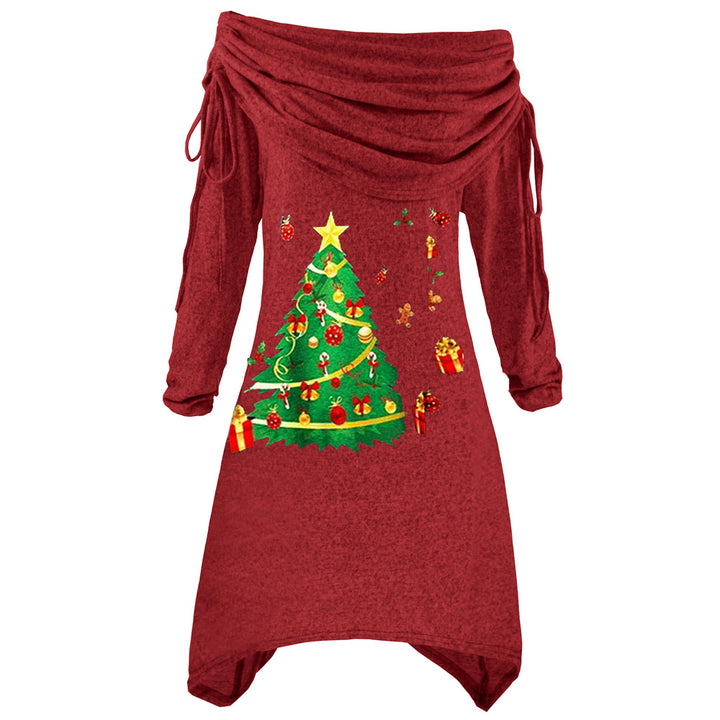 Kvinners uformelle julekledress med av- skulderdesign og festlig trykk Skjora