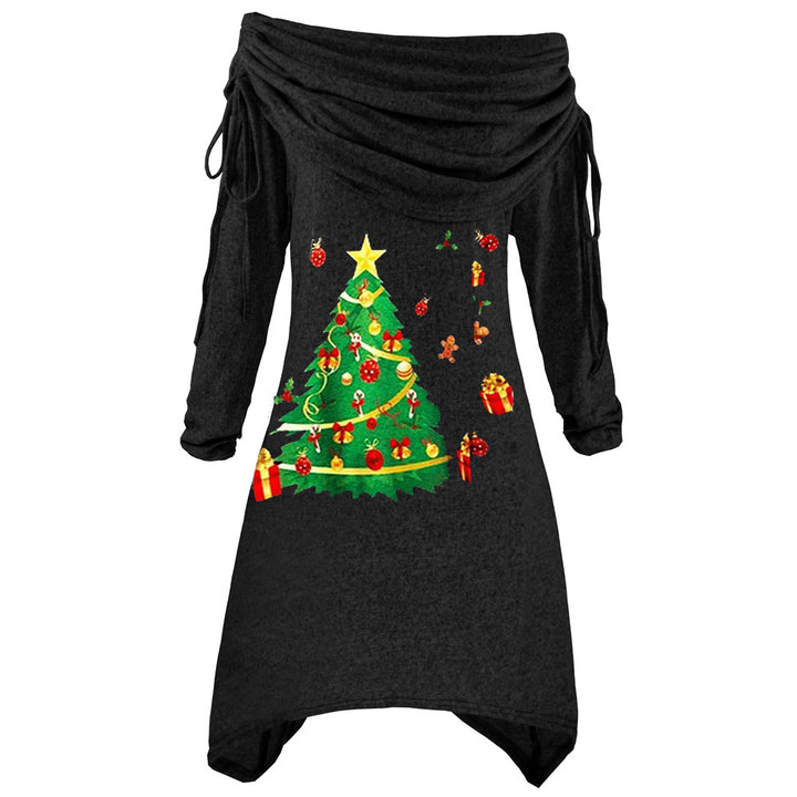 Kvinners uformelle julekledress med av- skulderdesign og festlig trykk Skjora
