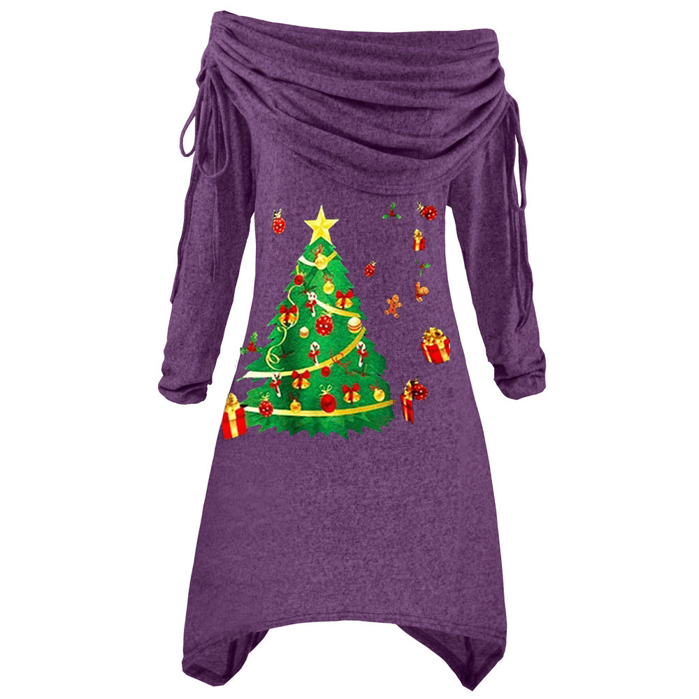 Kvinners uformelle julekledress med av- skulderdesign og festlig trykk Skjora