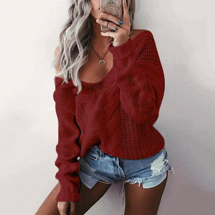 Kvinnes chunky strikket pullover med av-skulder utseende og kabeldesign Skjora