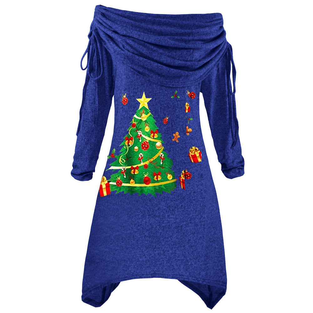 Kvinners uformelle julekledress med av- skulderdesign og festlig trykk Skjora