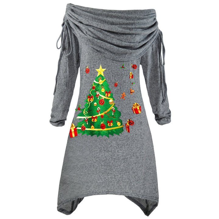 Kvinners uformelle julekledress med av- skulderdesign og festlig trykk Skjora