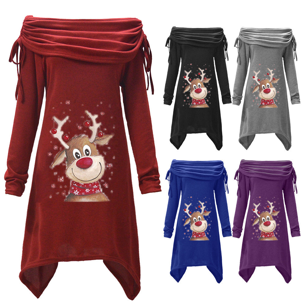 Women's casual dress with an off-the-shoulder design and playful reindeer motif