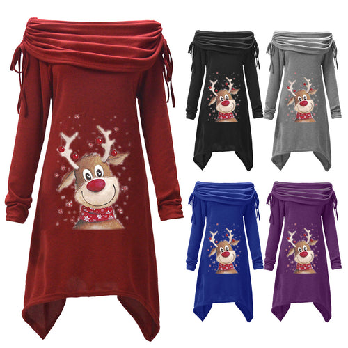 Women's casual dress with an off-the-shoulder design and playful reindeer motif