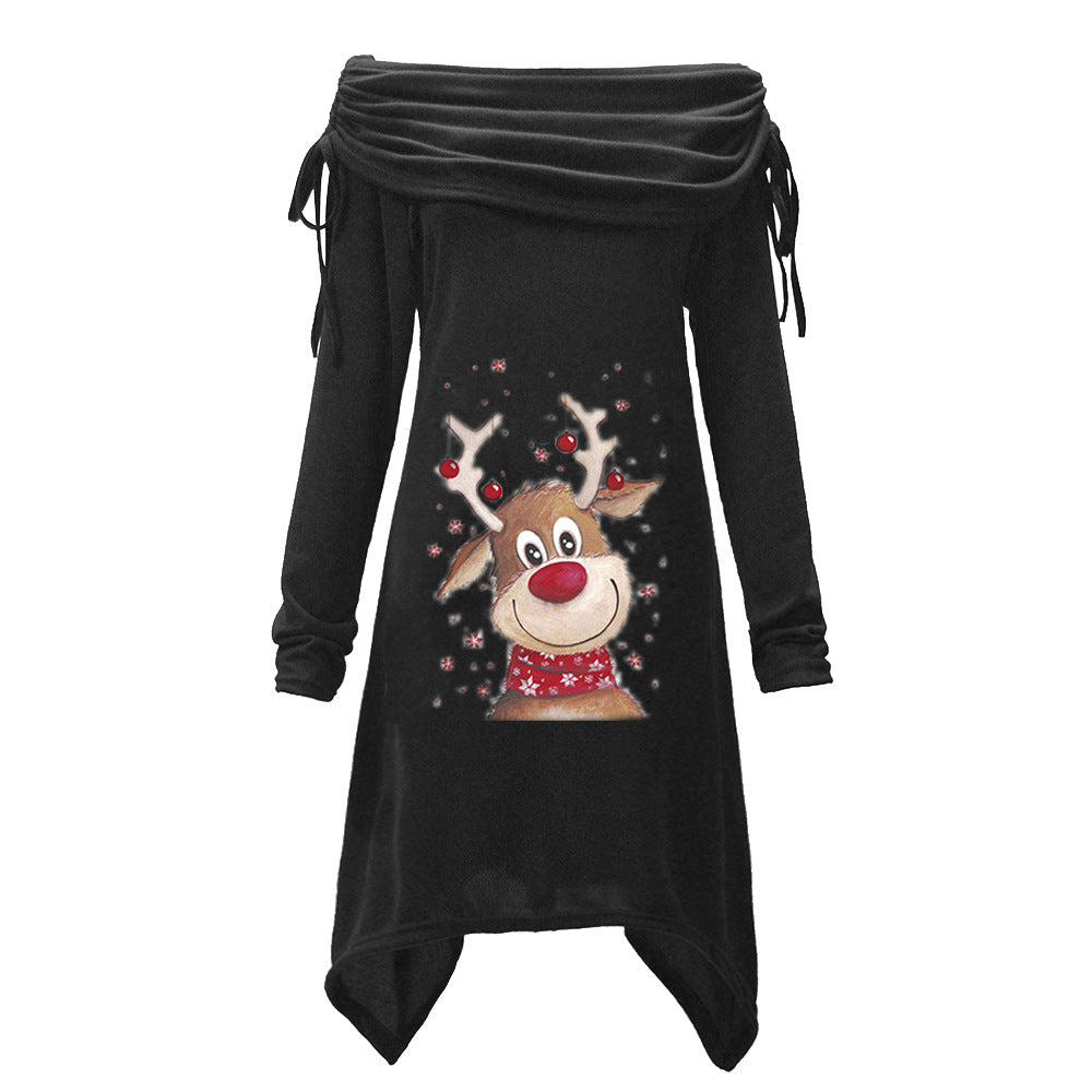 Women's casual dress with an off-the-shoulder design and playful reindeer motif