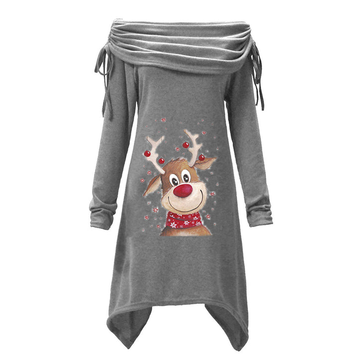 Women's casual dress with an off-the-shoulder design and playful reindeer motif