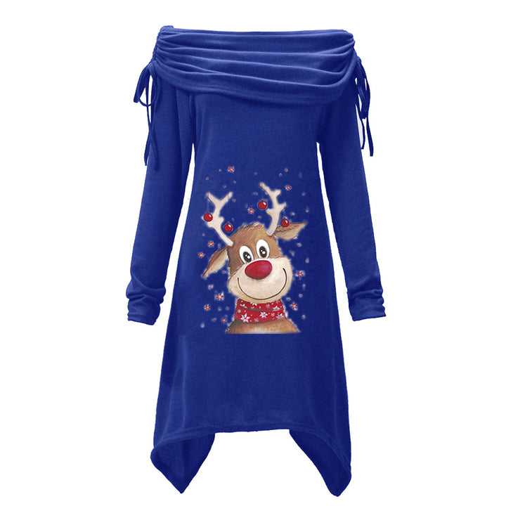 Women's casual dress with an off-the-shoulder design and playful reindeer motif