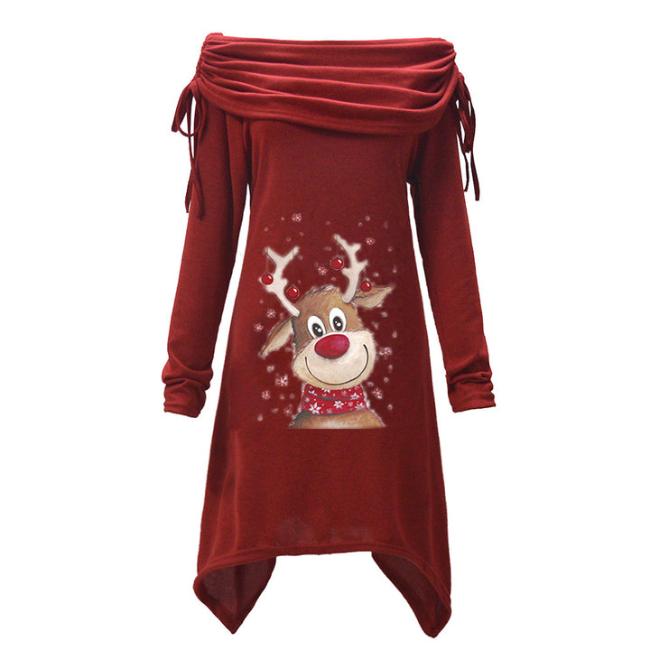 Women's casual dress with an off-the-shoulder design and playful reindeer motif