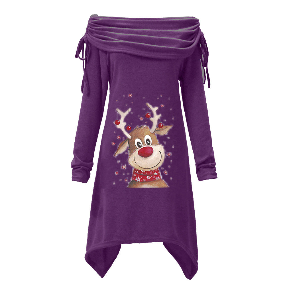 Women's casual dress with an off-the-shoulder design and playful reindeer motif