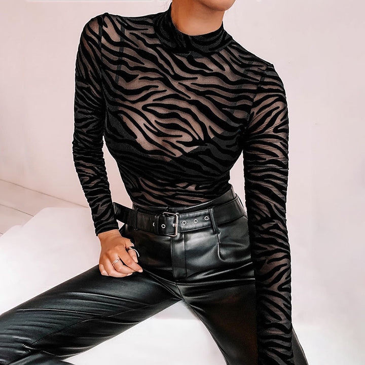 Dame elegant og transparent langermet bodysuit med zebra-design Skjora
