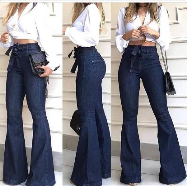 Dame Høyt skjærte Flared Jeans med stilig belte og frynset søm Skjora