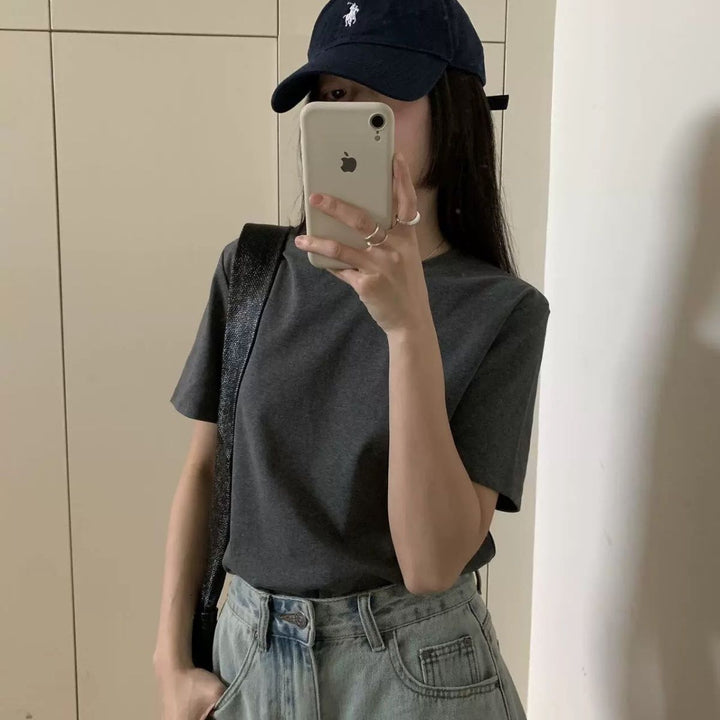 Dame Rund hals Korte ermer T-skjorte Ensfarget Slim Fit