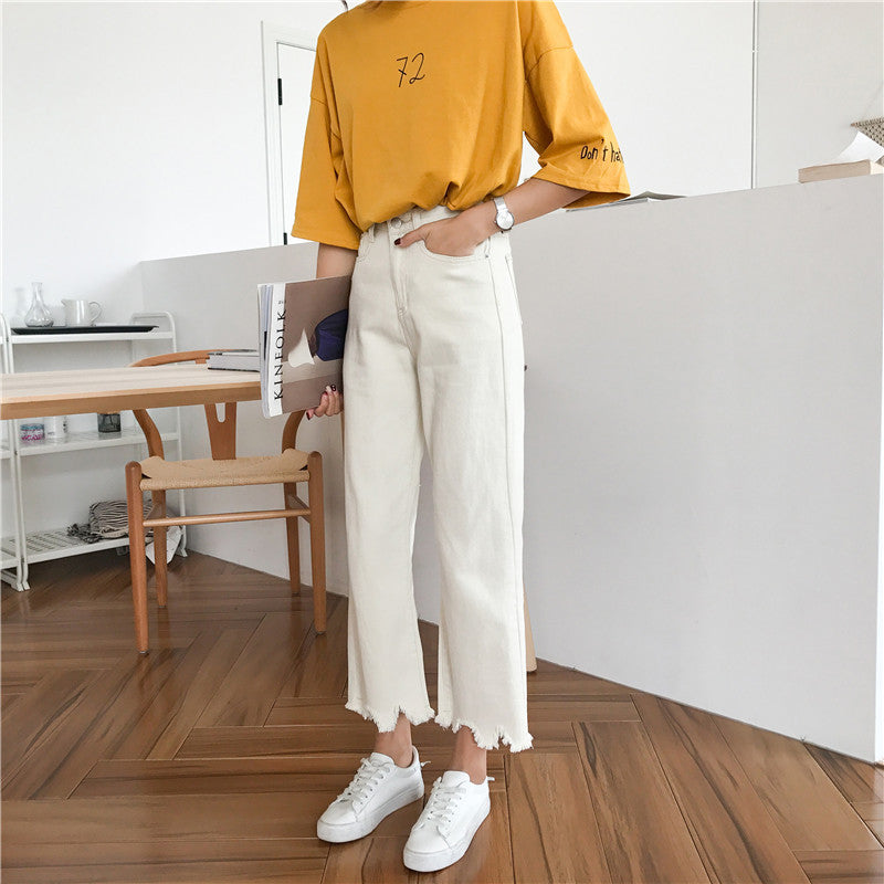 Dame Bredkutt Jeans med Slitt Kant Skjora