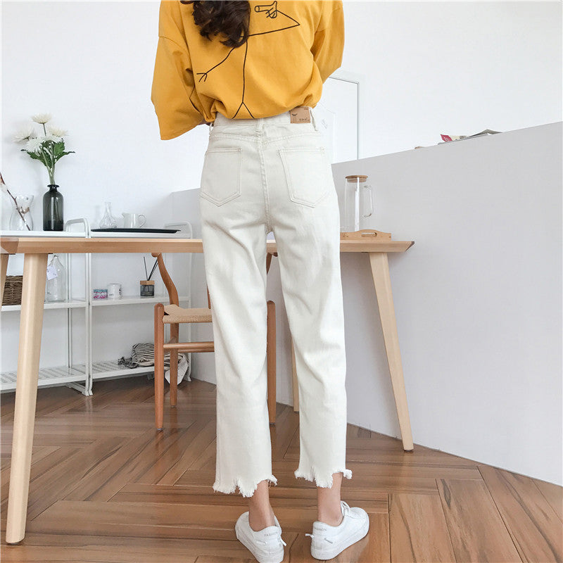 Dame Bredkutt Jeans med Slitt Kant Skjora