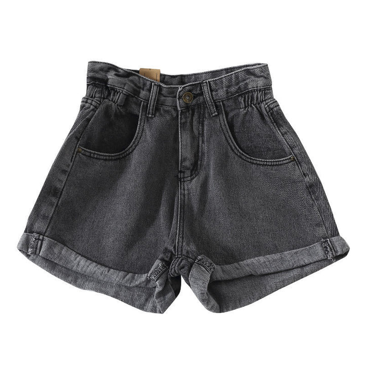 Damens høytlivs denimshorts med omslagskant og elastisk liv Skjora