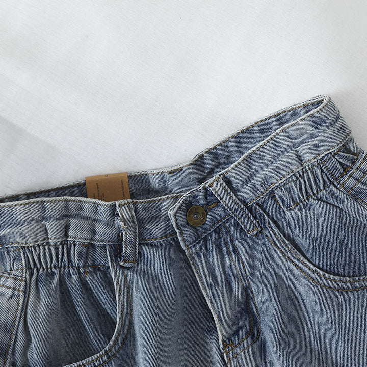 Damens høytlivs denimshorts med omslagskant og elastisk liv Skjora