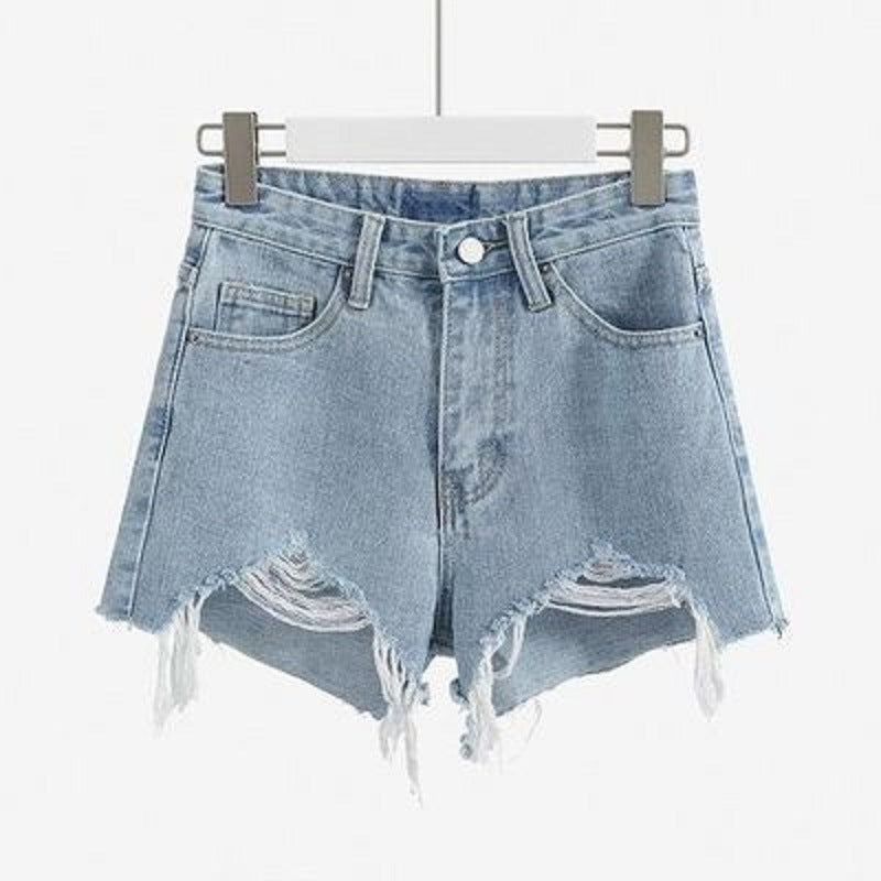 Dame Ødelagte Denim Shorts med Høy Liv og Frynset Kant