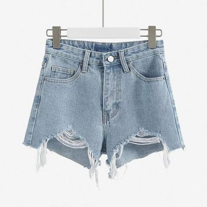 Dame Ødelagte Denim Shorts med Høy Liv og Frynset Kant