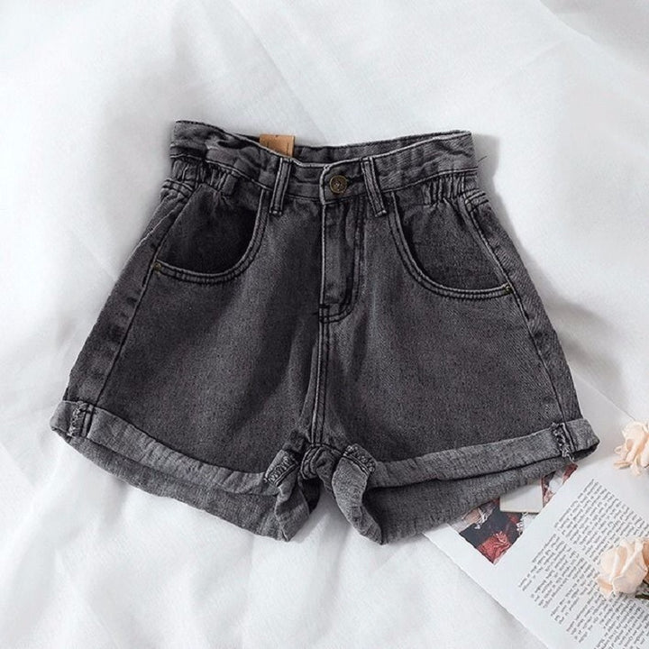 Damens høytlivs denimshorts med omslagskant og elastisk liv Skjora